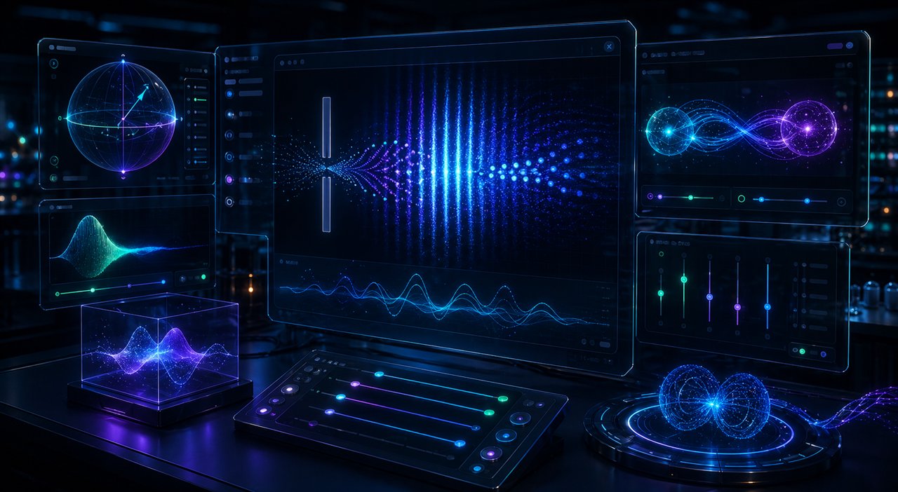 Interactive quantum simulation workstation with glowing controls and physics panels